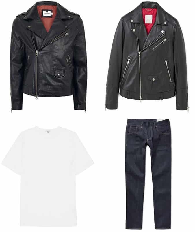 how to wear a leather biker jacket with a white crew neck t-shirt