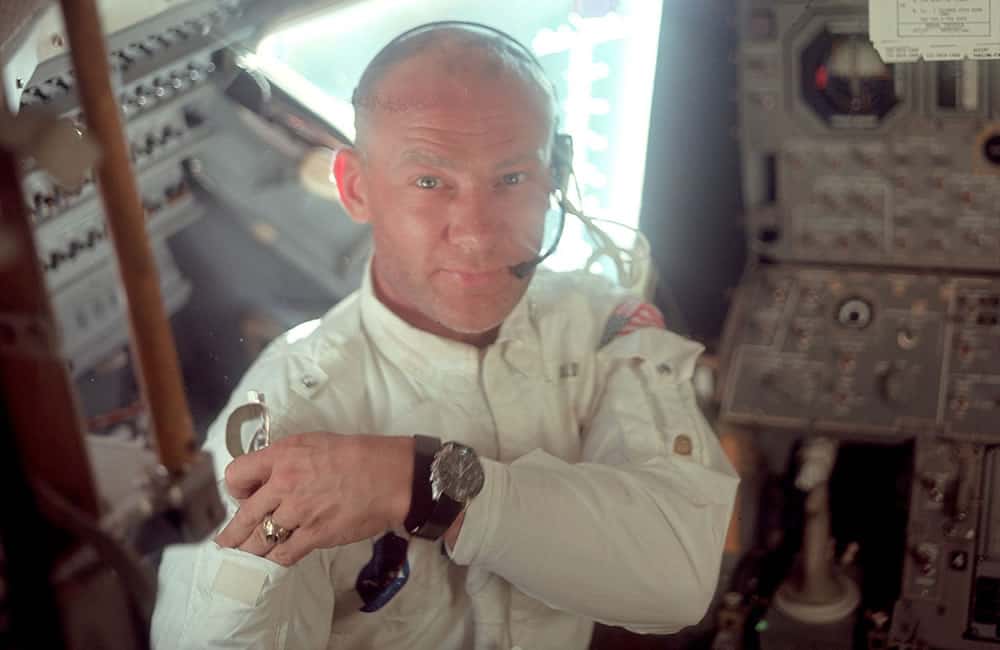Buzz Aldrin wearing an Omega Speedmaster in space